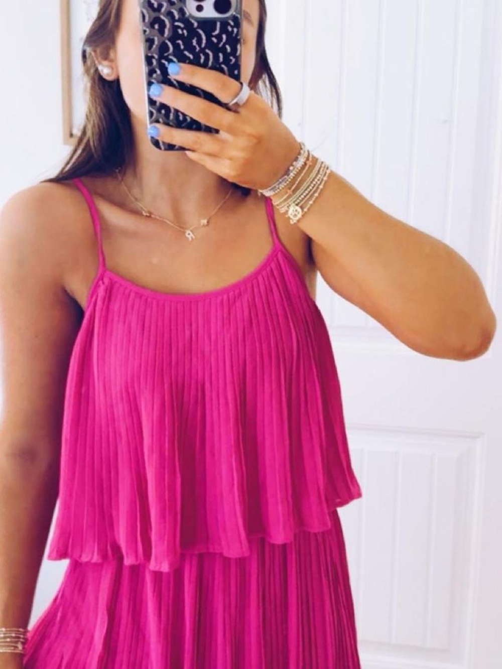Pleated Spaghetti-Strap Tank Top - Hot Pink